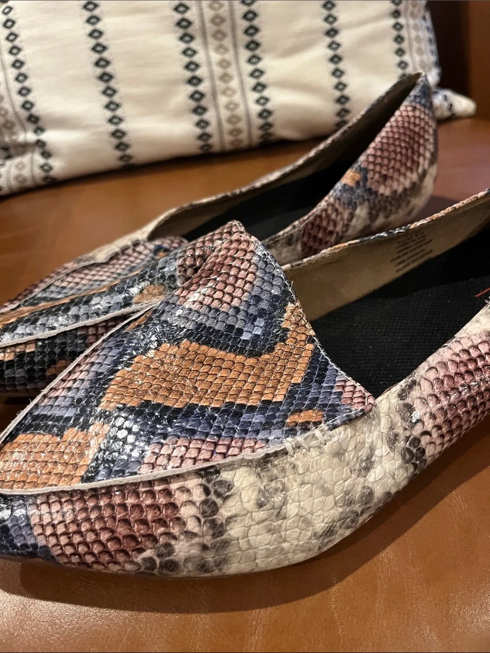 Blondo Pointed Snake-Print Flats in Tan, Black & Cream